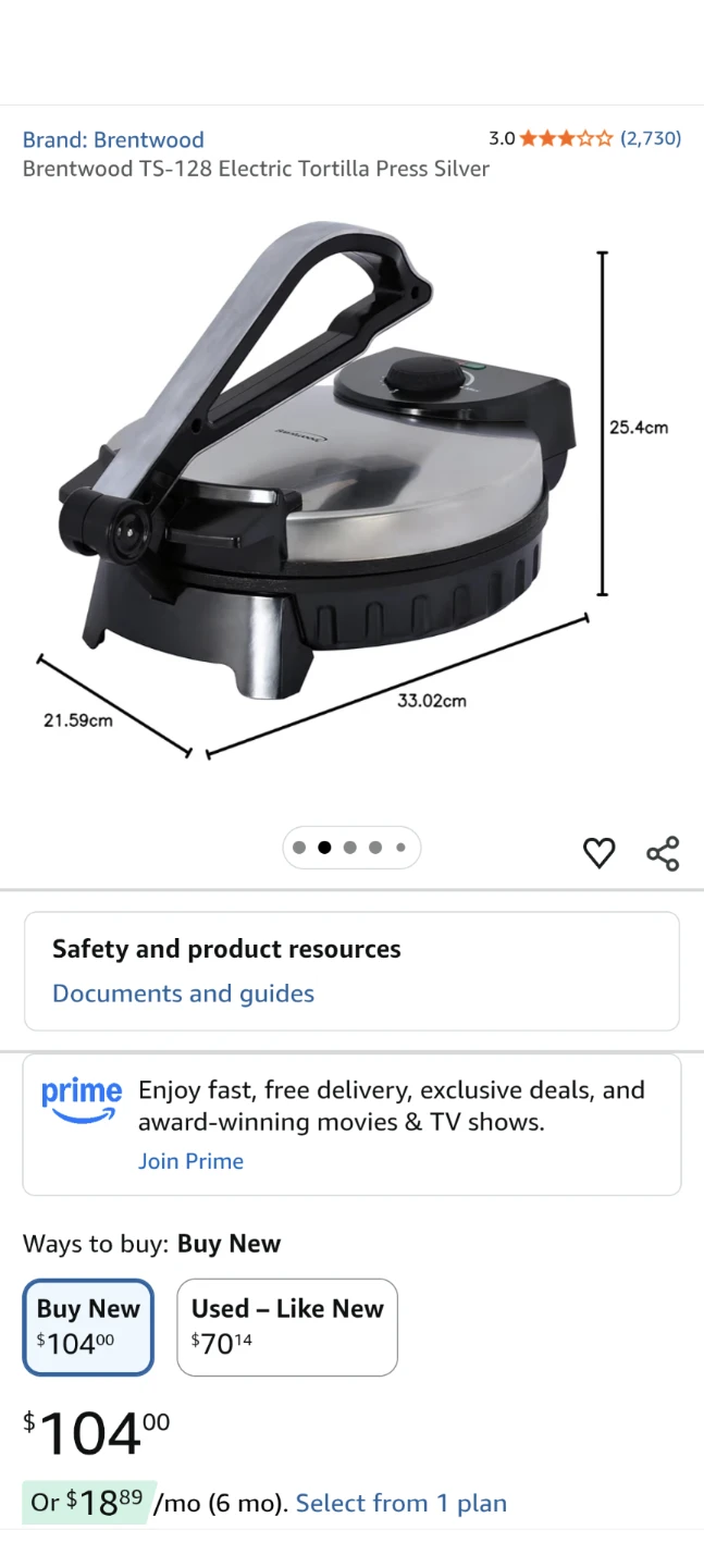 Brentwood TS-128 Electric Tortilla Press - Silver