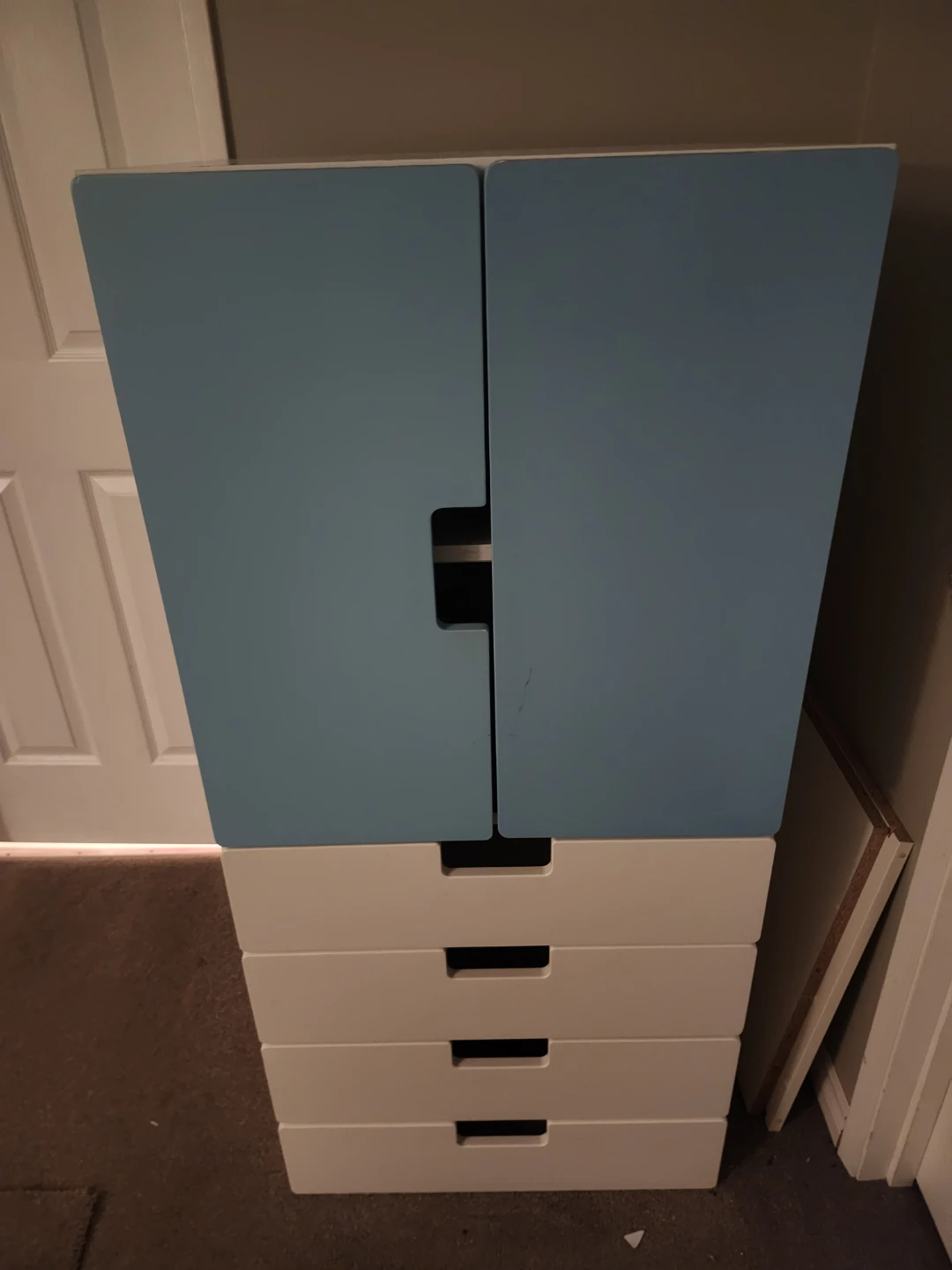 Blue and White Storage Cabinet with Drawers