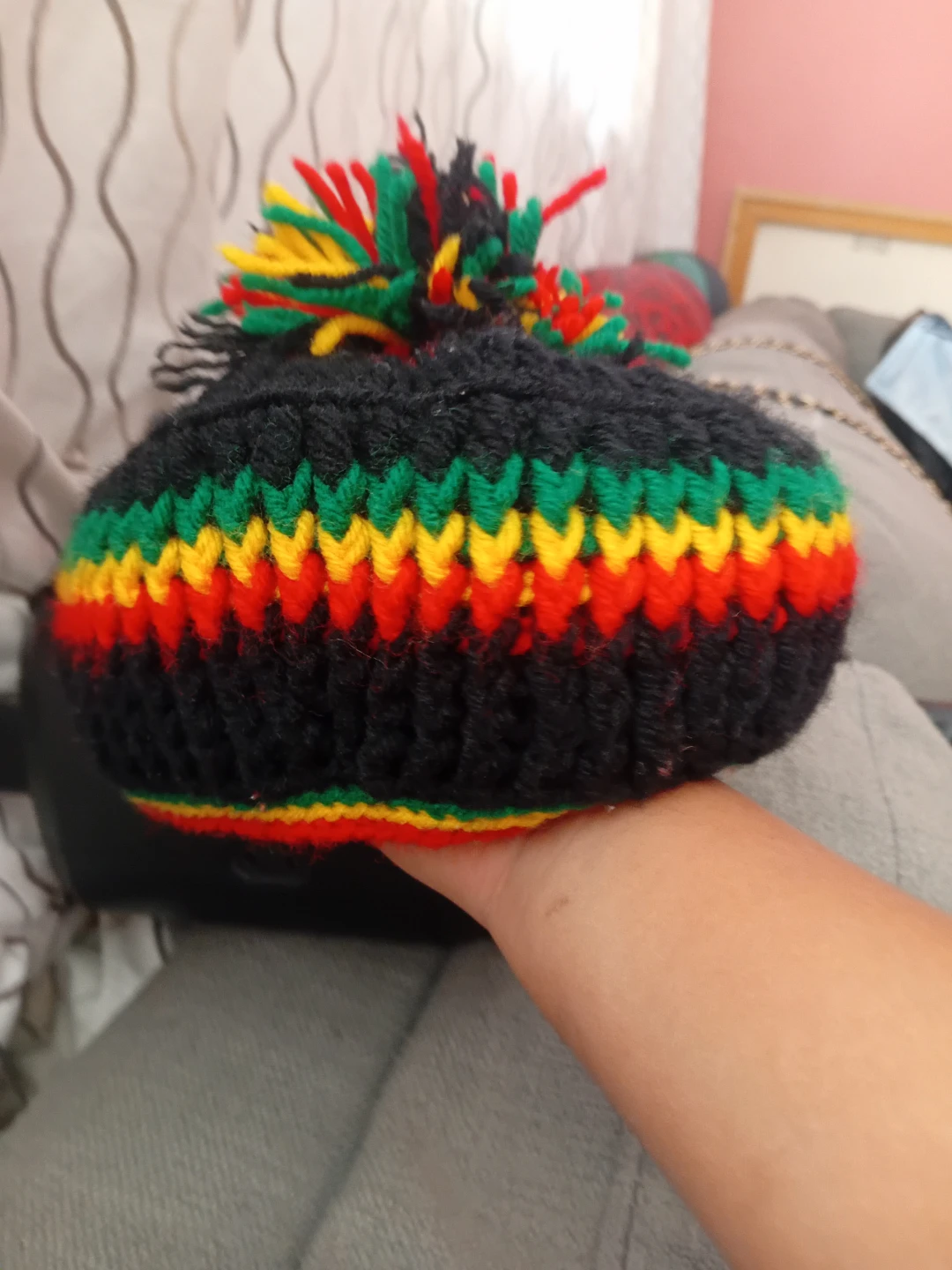Hand-Knitted Rasta Beanie with Pom Pom