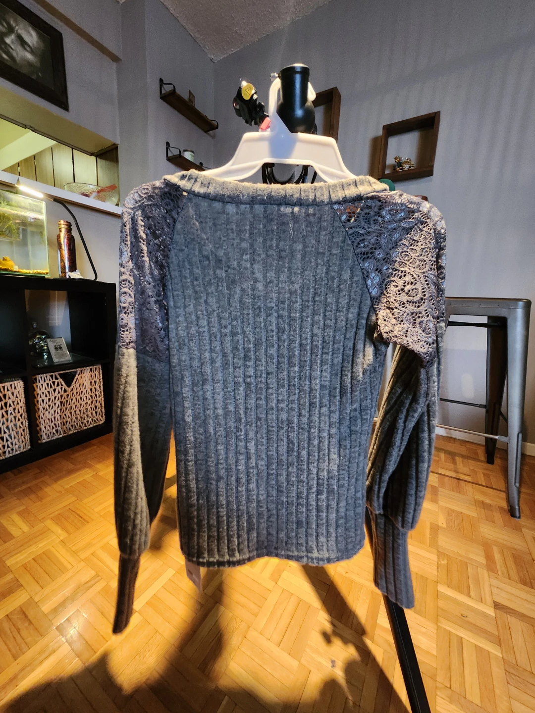 Grey/green Lace Sleeve V-Neck Sweater - photo 2