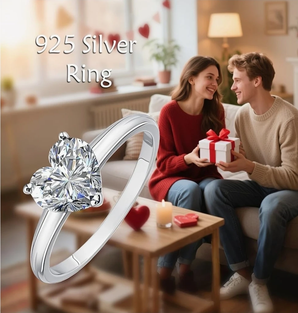 925 Silver Moissanite Heart Ring - Size 6  2carats - photo 3