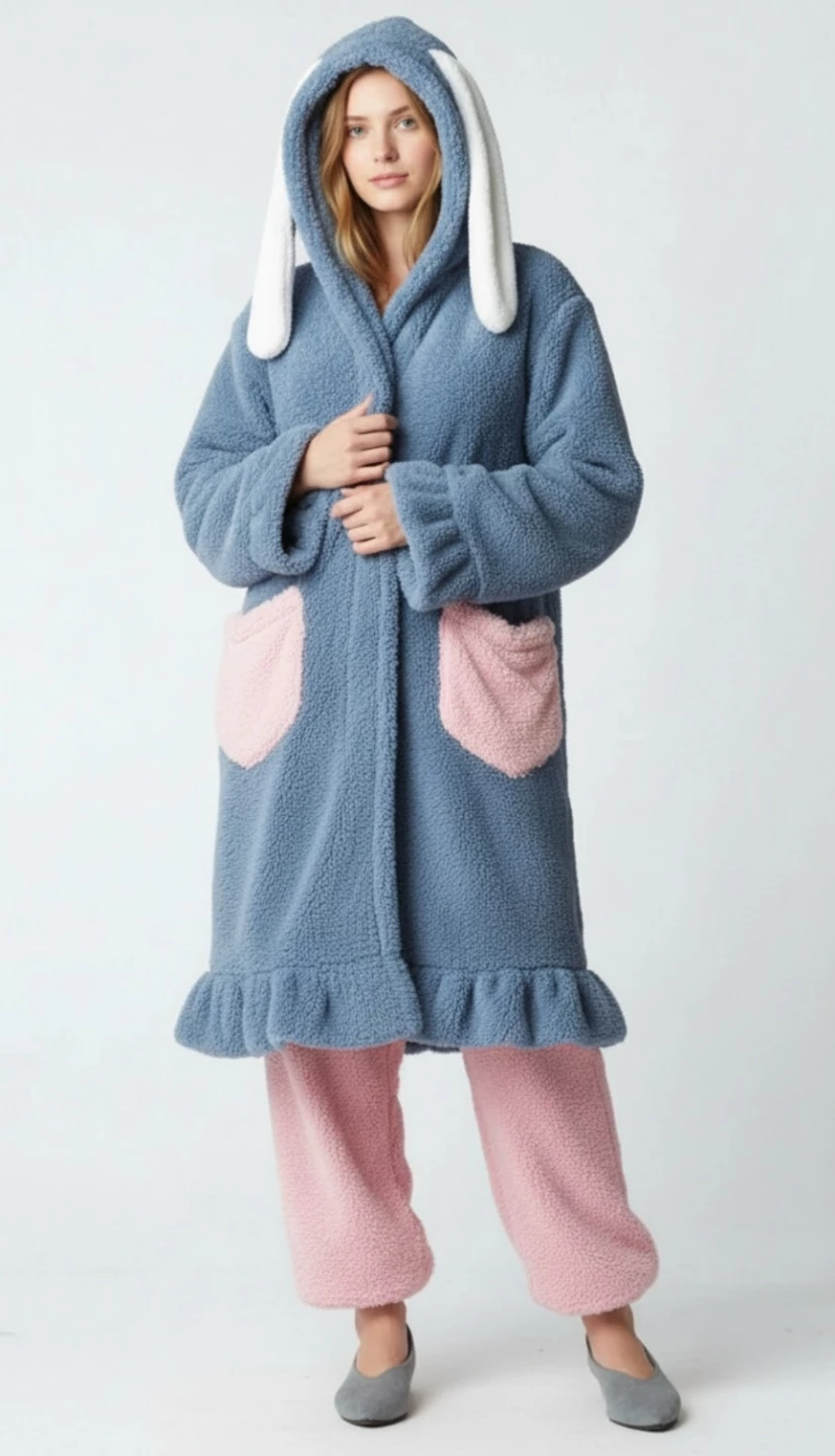 NWOT Women's Fluffy Blue Hooded Robe with Pink Pants Set