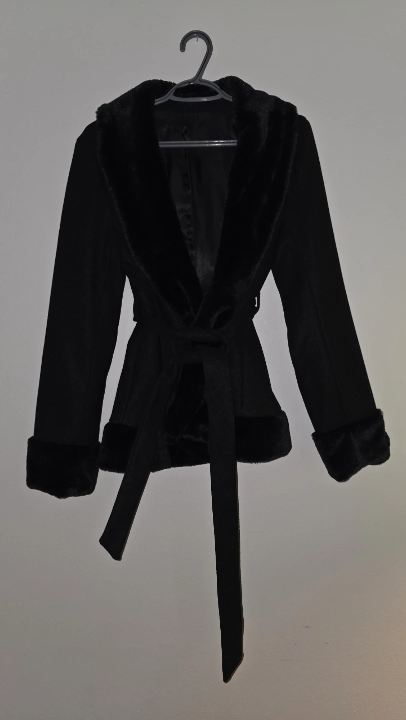 Black Faux Fur Trimmed Belted Jacket