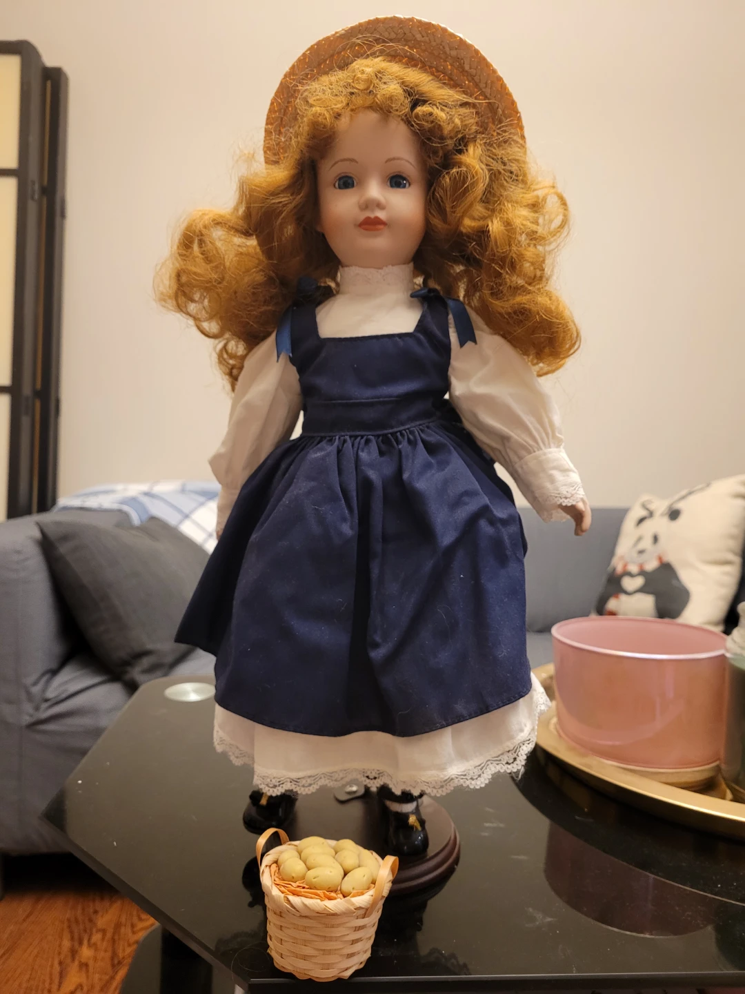 Porcelain Doll with Straw Hat