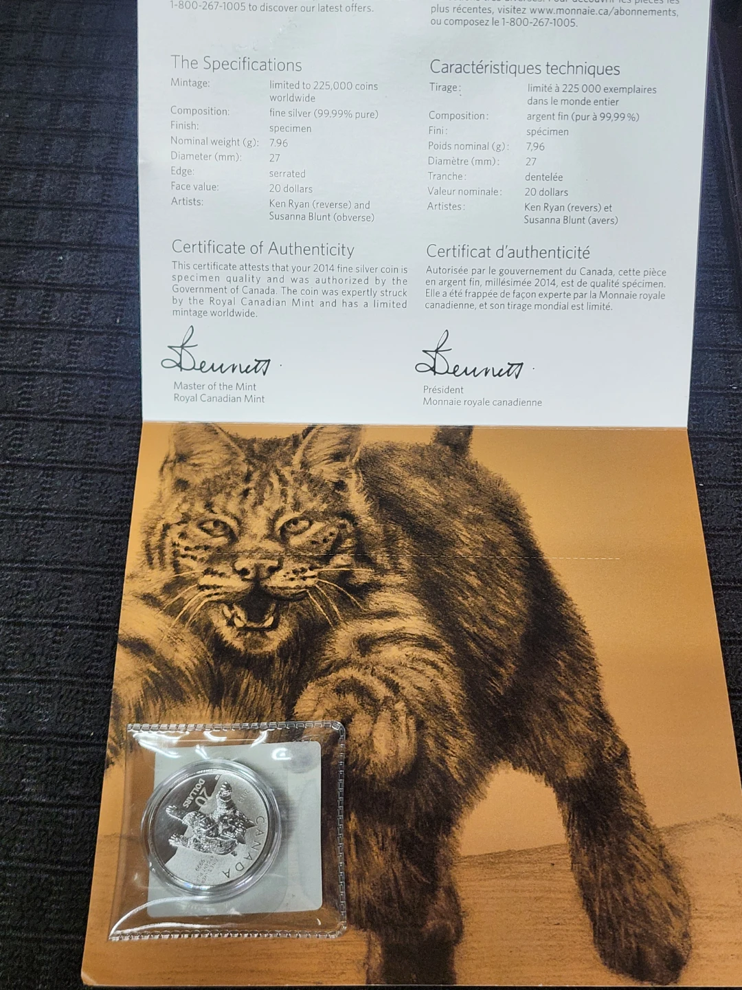 2014 Canadian $20 Fine Silver Coin - Bobcat - photo 2