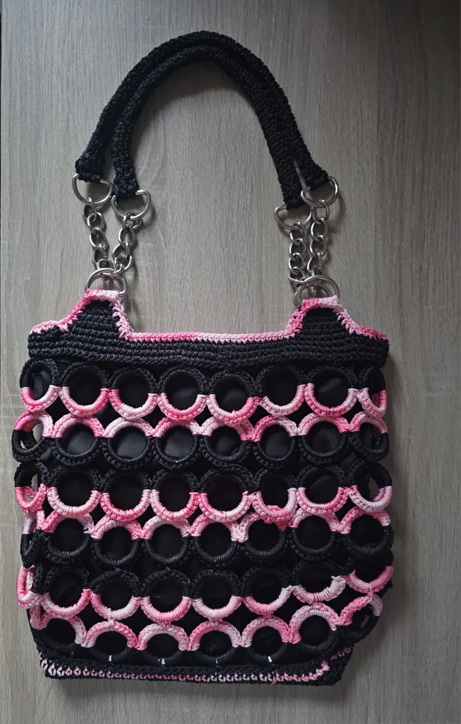 Crocheted Tote Bag - Black & Pink