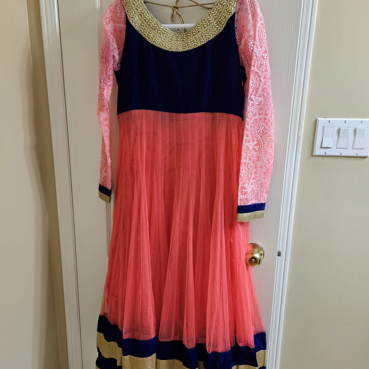 Pink and Navy Anarkali Dress with Gold Trim - photo 2