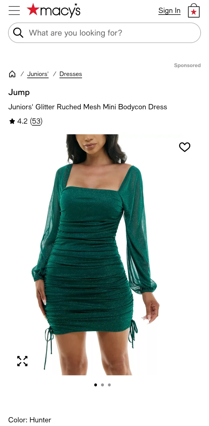 Jump Juniors' Glitter Ruched Mini Bodycon Dress Hunter Green