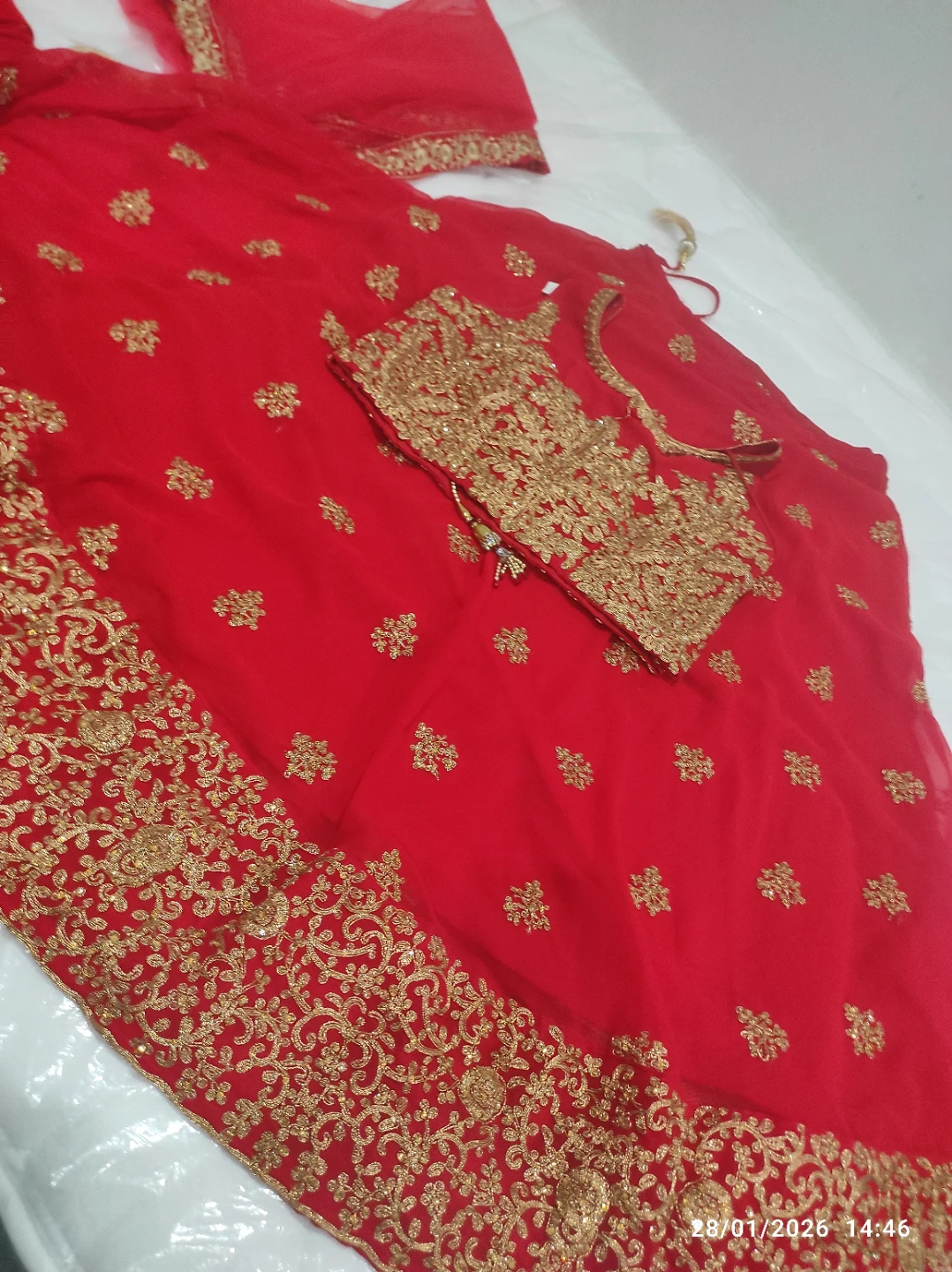 Red embroidered lehenga with gold accents - photo 2