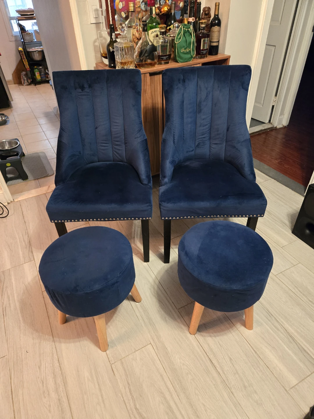 Blue Velvet Accent Chairs & Ottomans - Set of 2