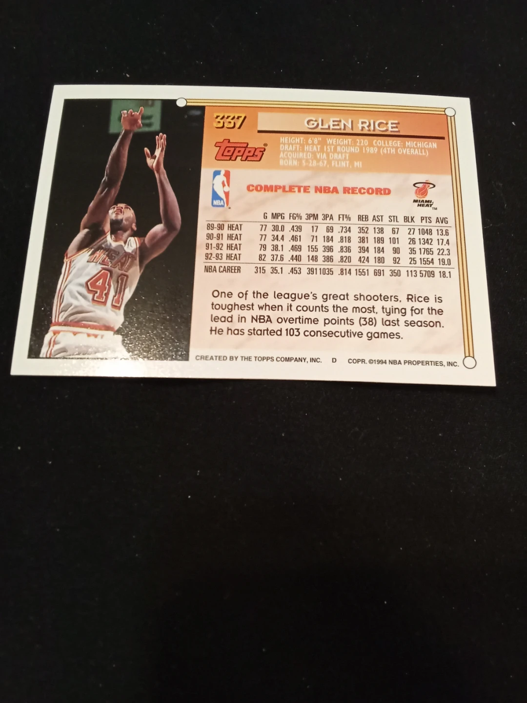 Topps 1994 NBA Basketball Cards - Glen Rice & Mike Gminski - photo 3