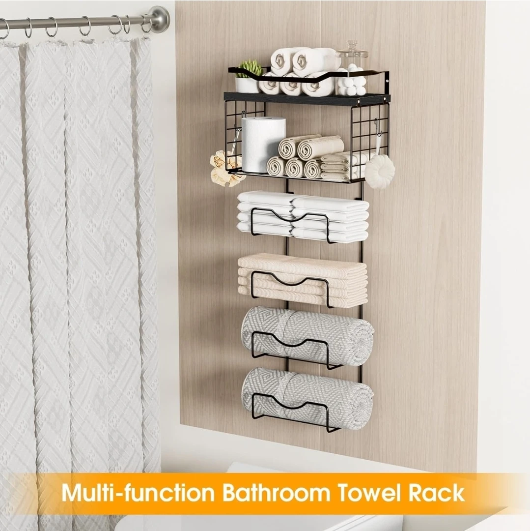 Black Metal Towel Rack with Shelf - photo 3