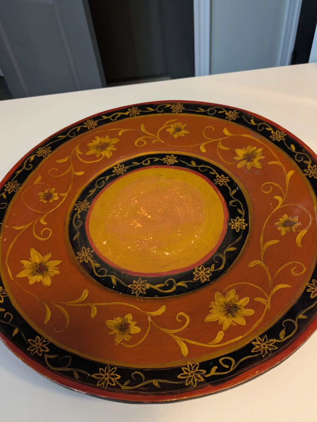 Decorative Round Side Table with Floral Design