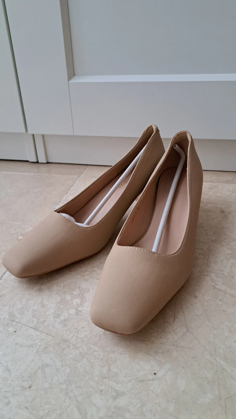 Beige Block Heel Pumps