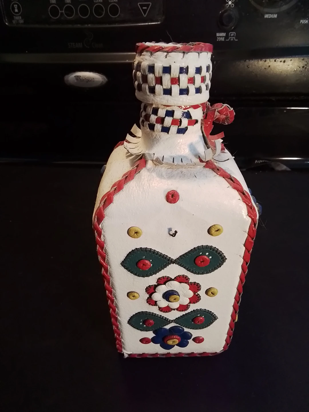 Vintage Folk Art Decanter Wrapped in Hand Stitched White - photo 2