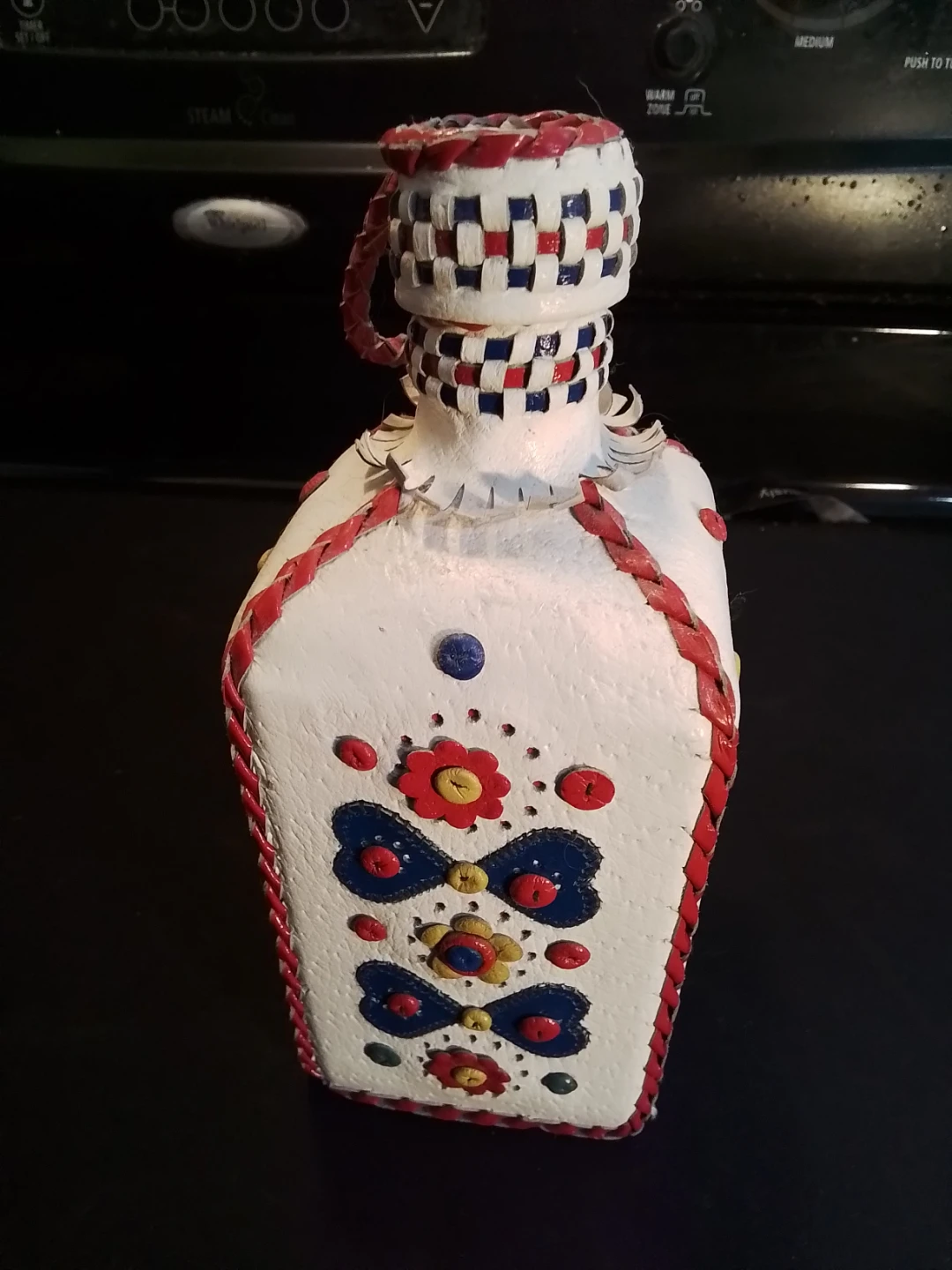 Vintage Folk Art Decanter Wrapped in Hand Stitched White - photo 3