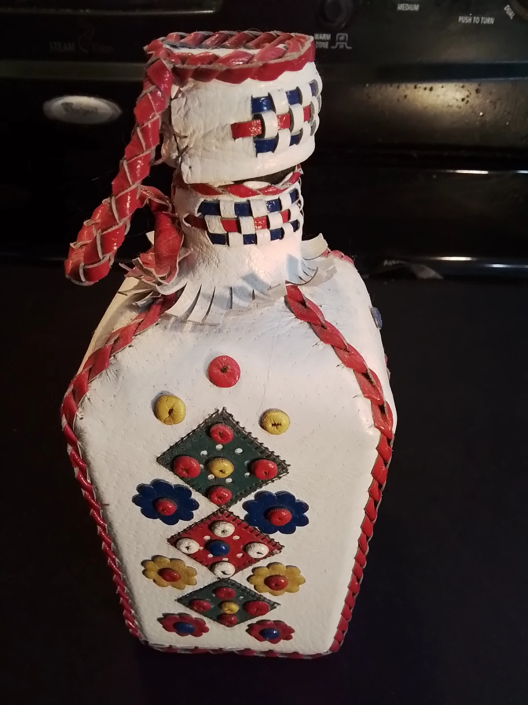 Vintage Folk Art Decanter Wrapped in Hand Stitched White - photo 4