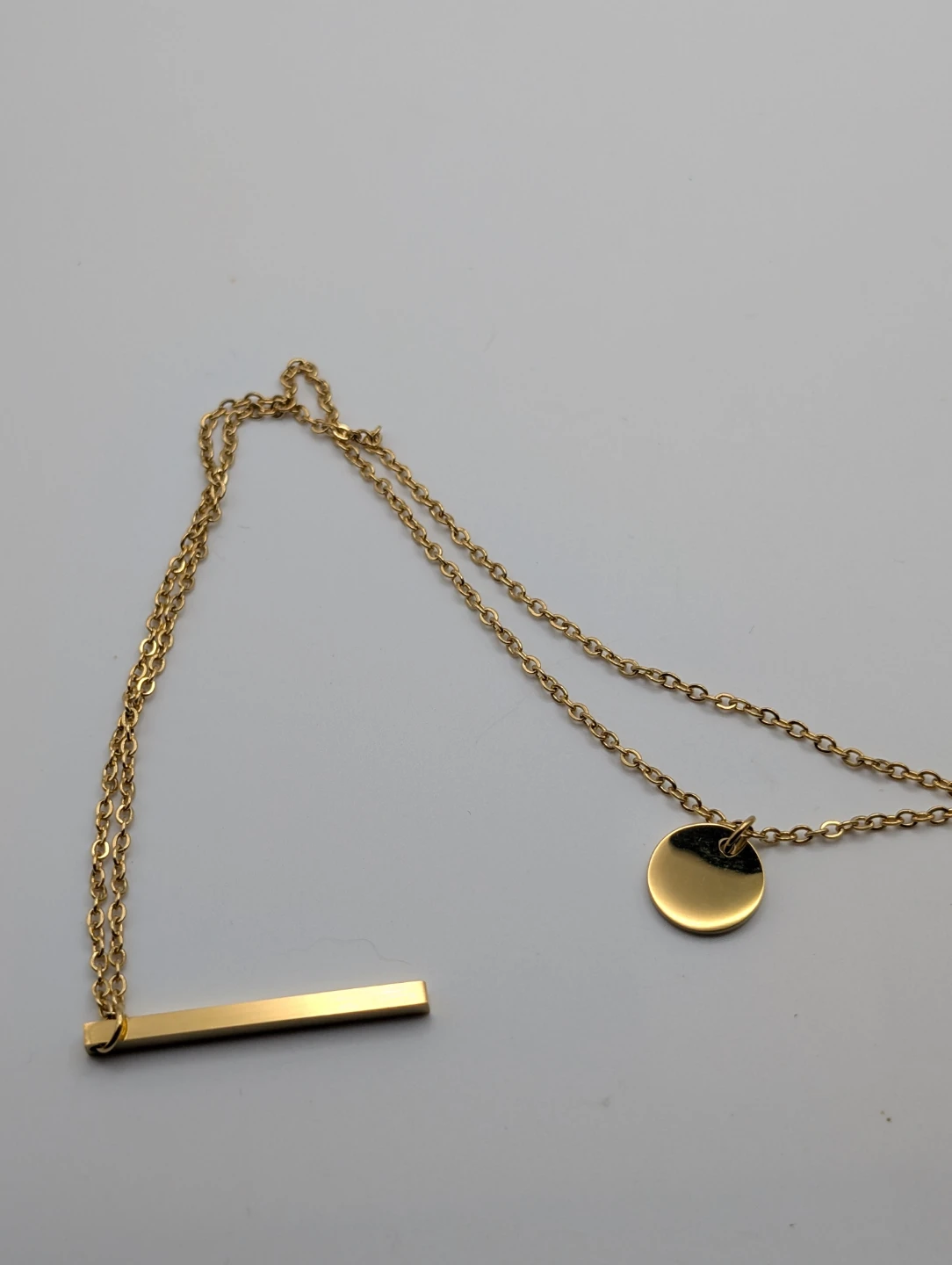 Gold-tone layered necklace w bar and disc pendants (3 for $10)