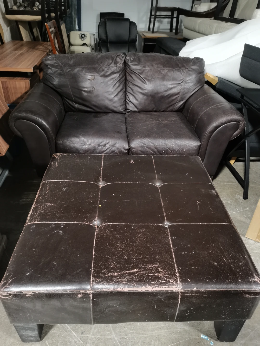 Brown Leather Loveseat & Ottoman Set