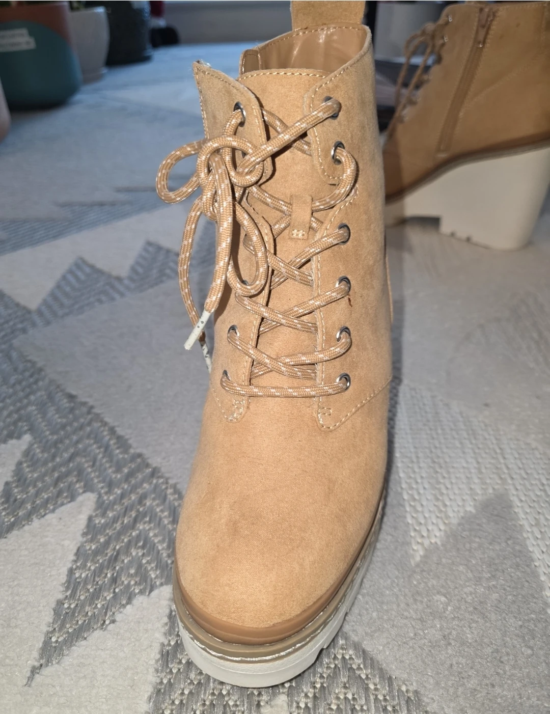 Tan Wedge Heel Lace-Up Ankle Boots - photo 2