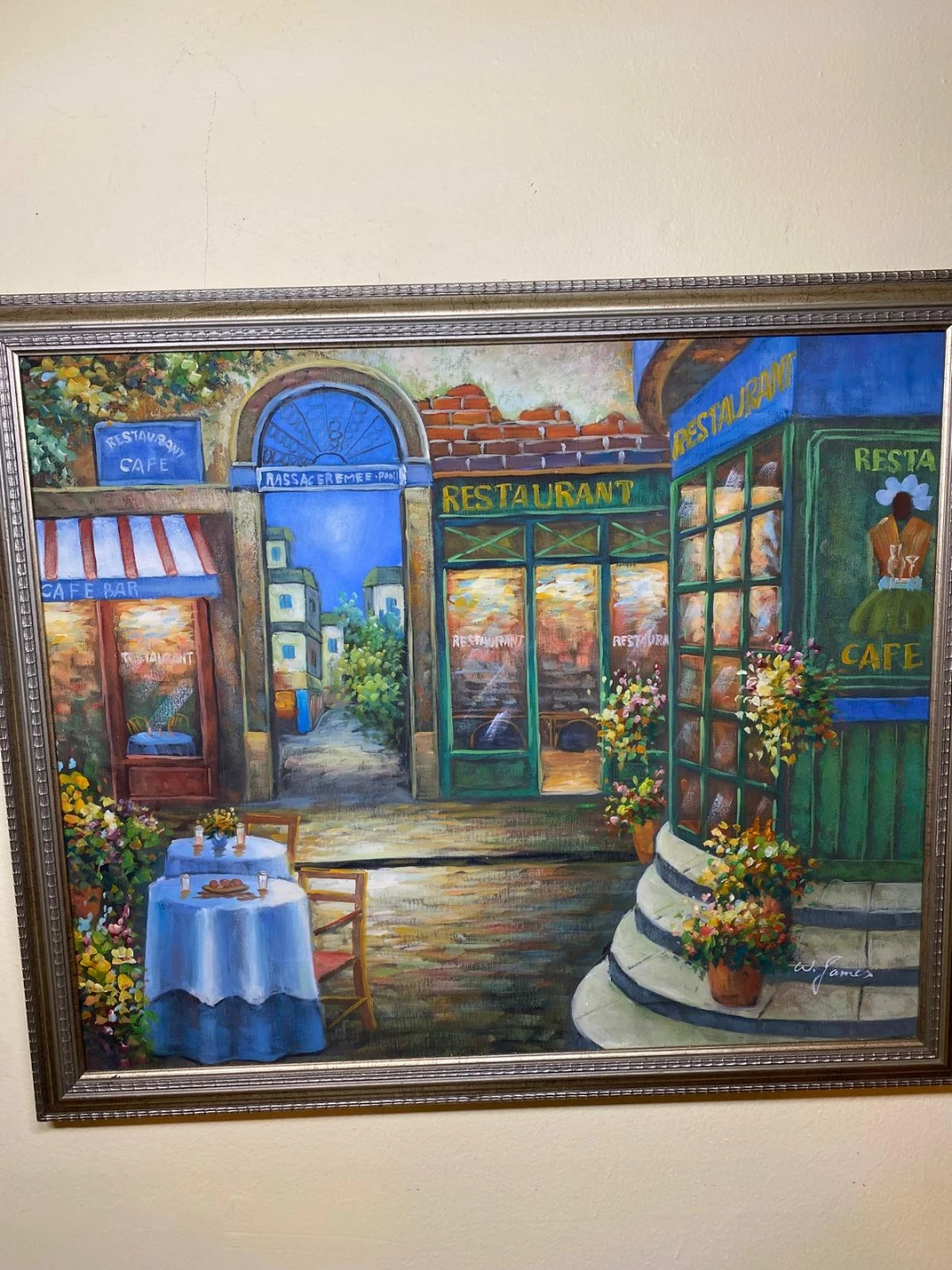 W. James Framed Restaurant Scene Painting
