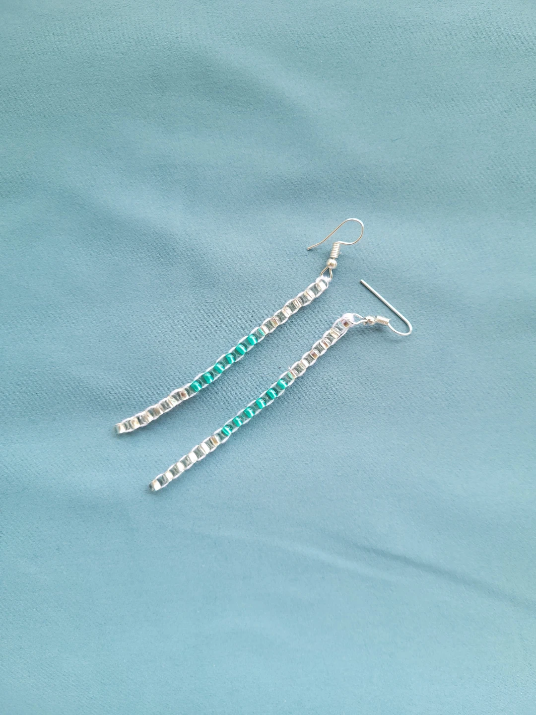 Handmade Beaded Dangle Earrings - Silver & Teal