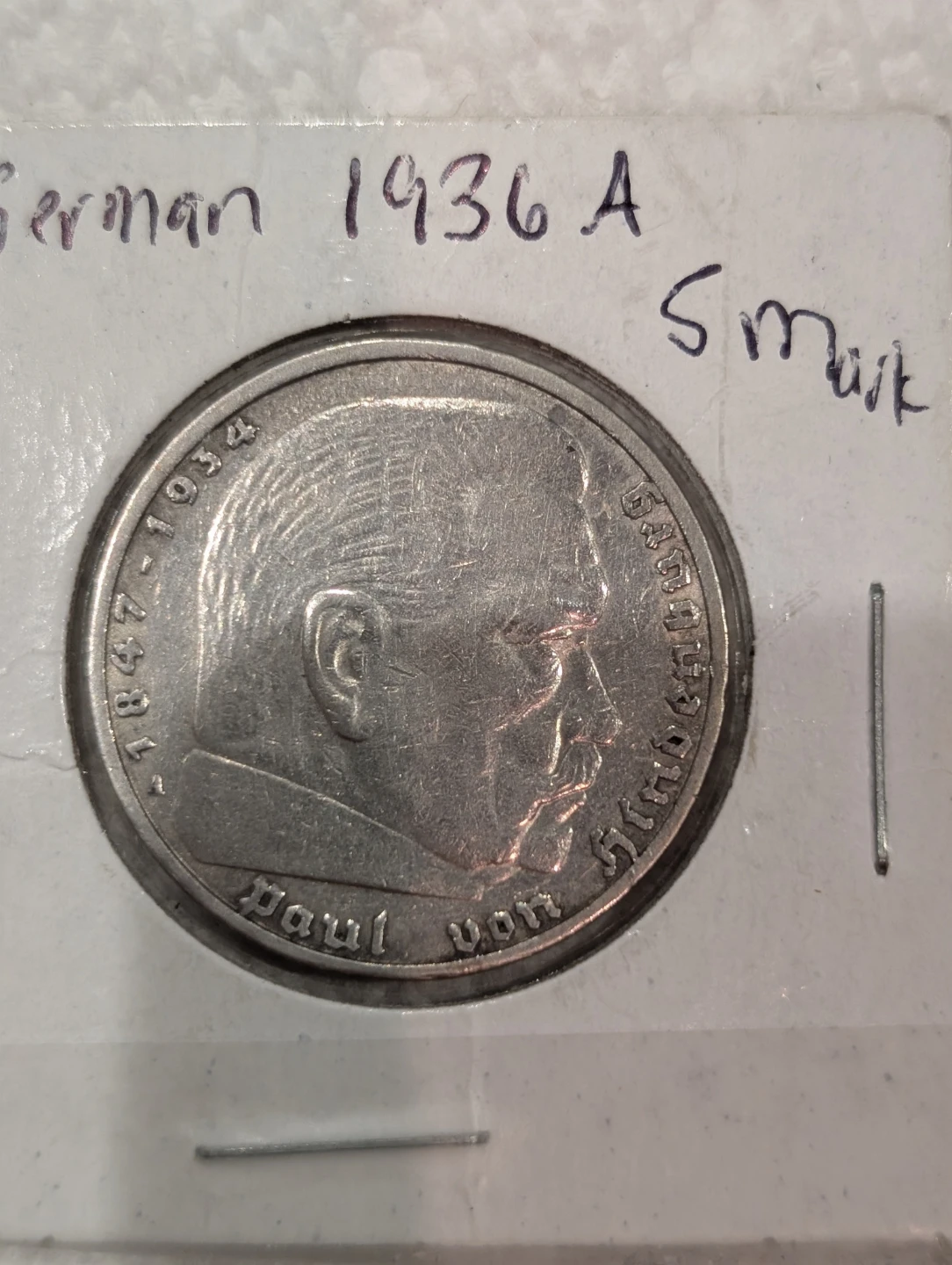 1936- A 5 Silver Reichsmark Paul Von Hindenburg
