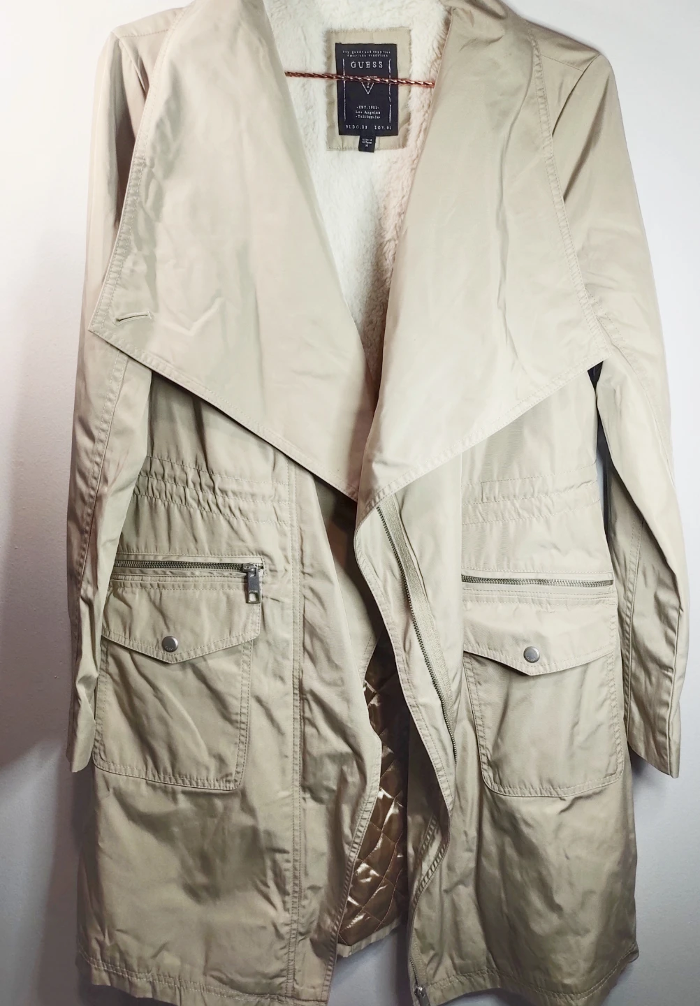 Guess Beige Sherpa Lined Coat - Size M
