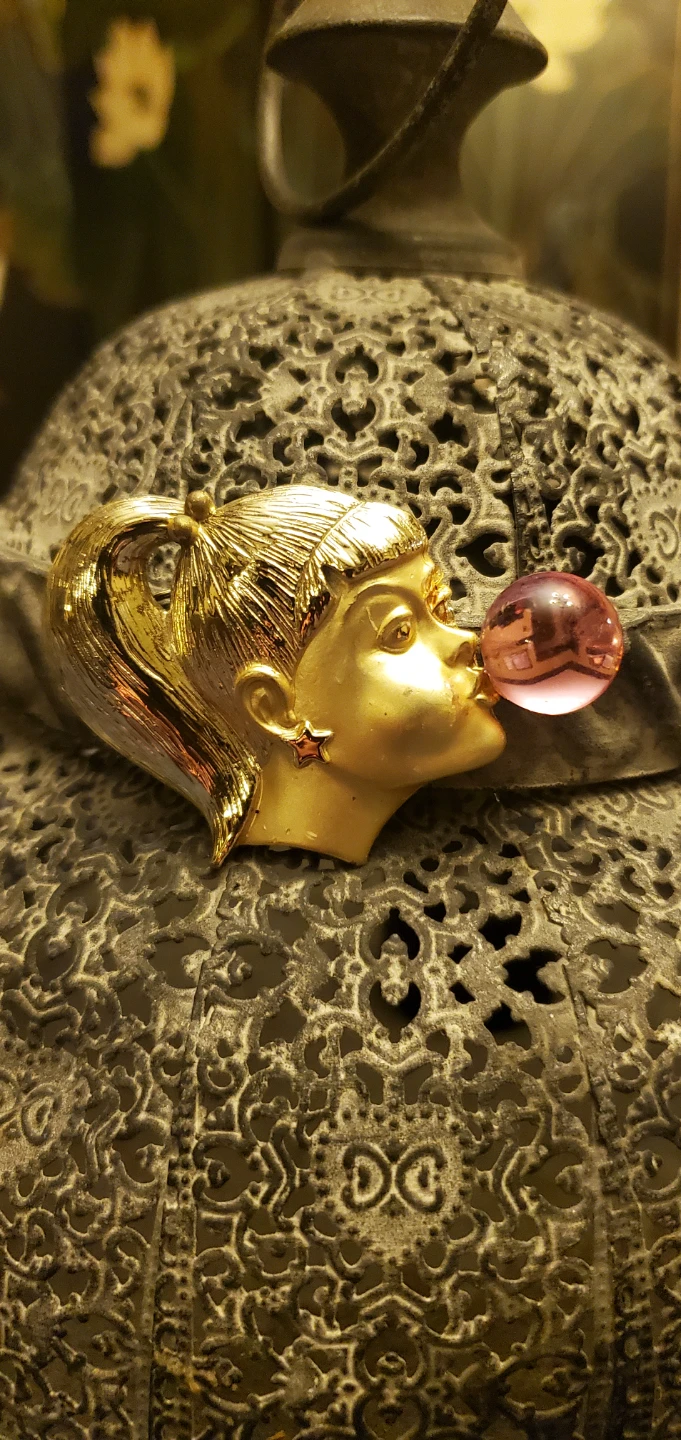 Gold Tone Girl Blowing Bubble Gum Brooch Pin