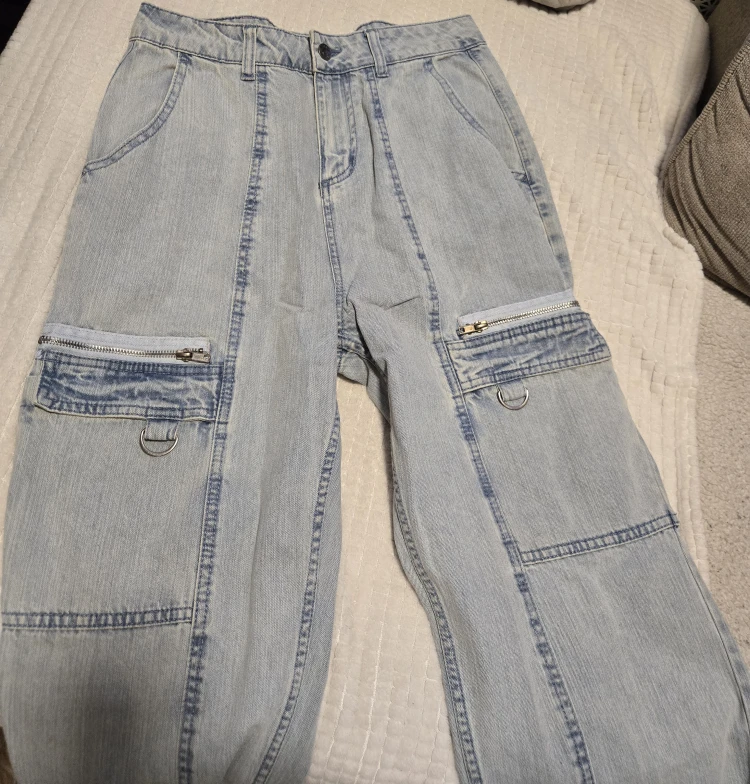 Light Wash Denim Cargo Pants with Zippers