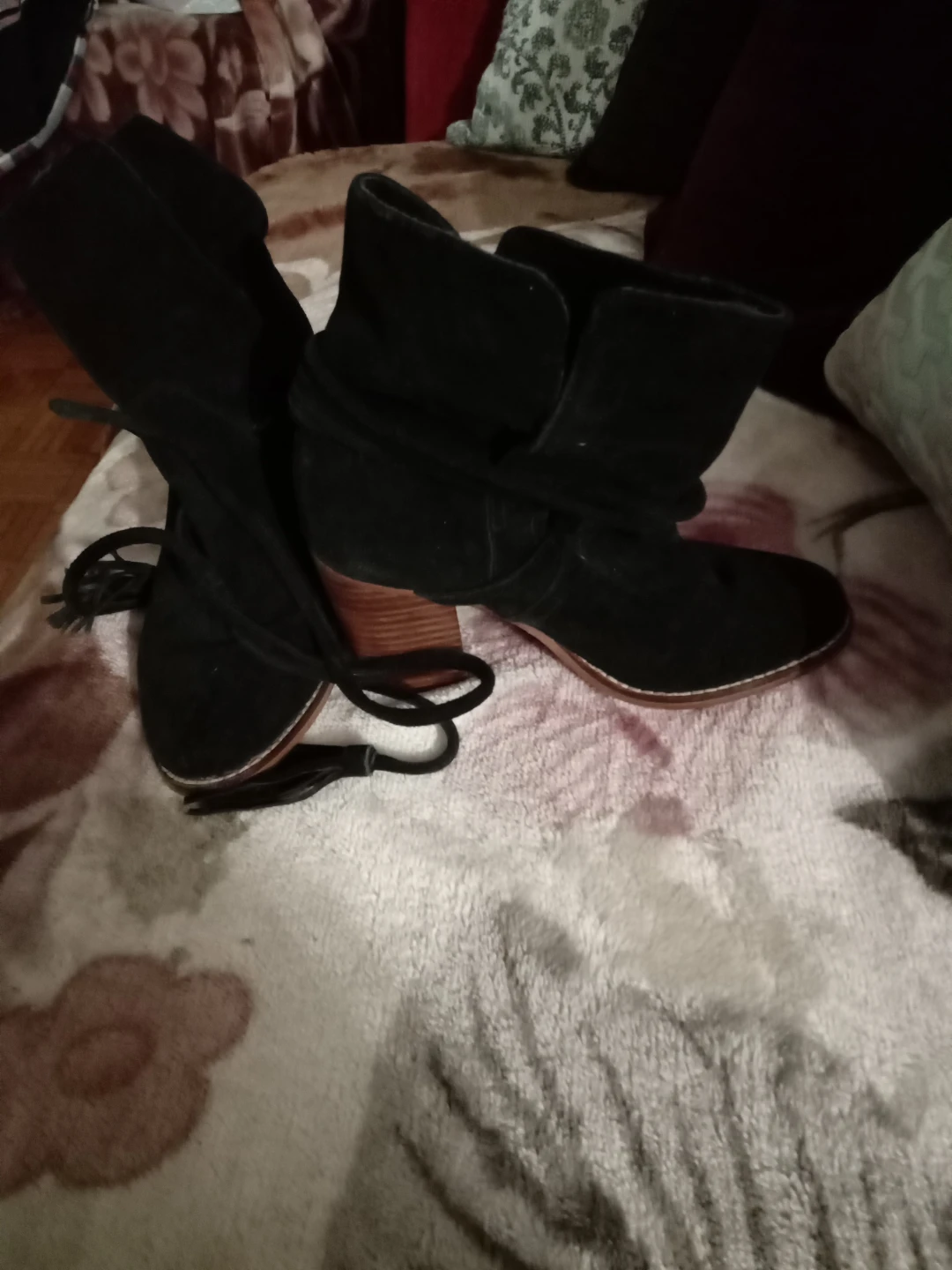 Black Suede Fold-over Boots with Tassels