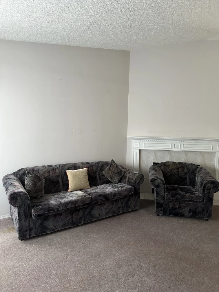 Grey and Navy Blue Patterned Sofa and Armchair Set