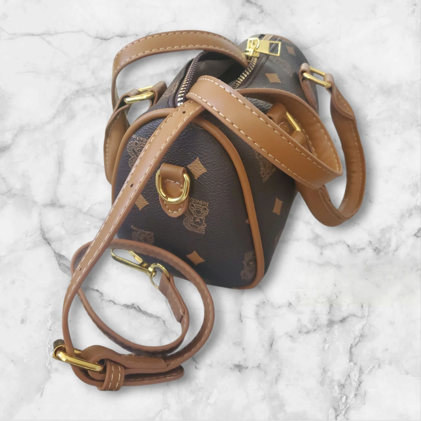 Brown Patterned Barrel Bag with Strap - photo 5