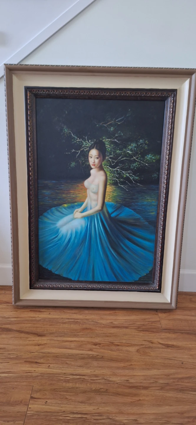 Framed Oil Painting of Woman in Blue Dress