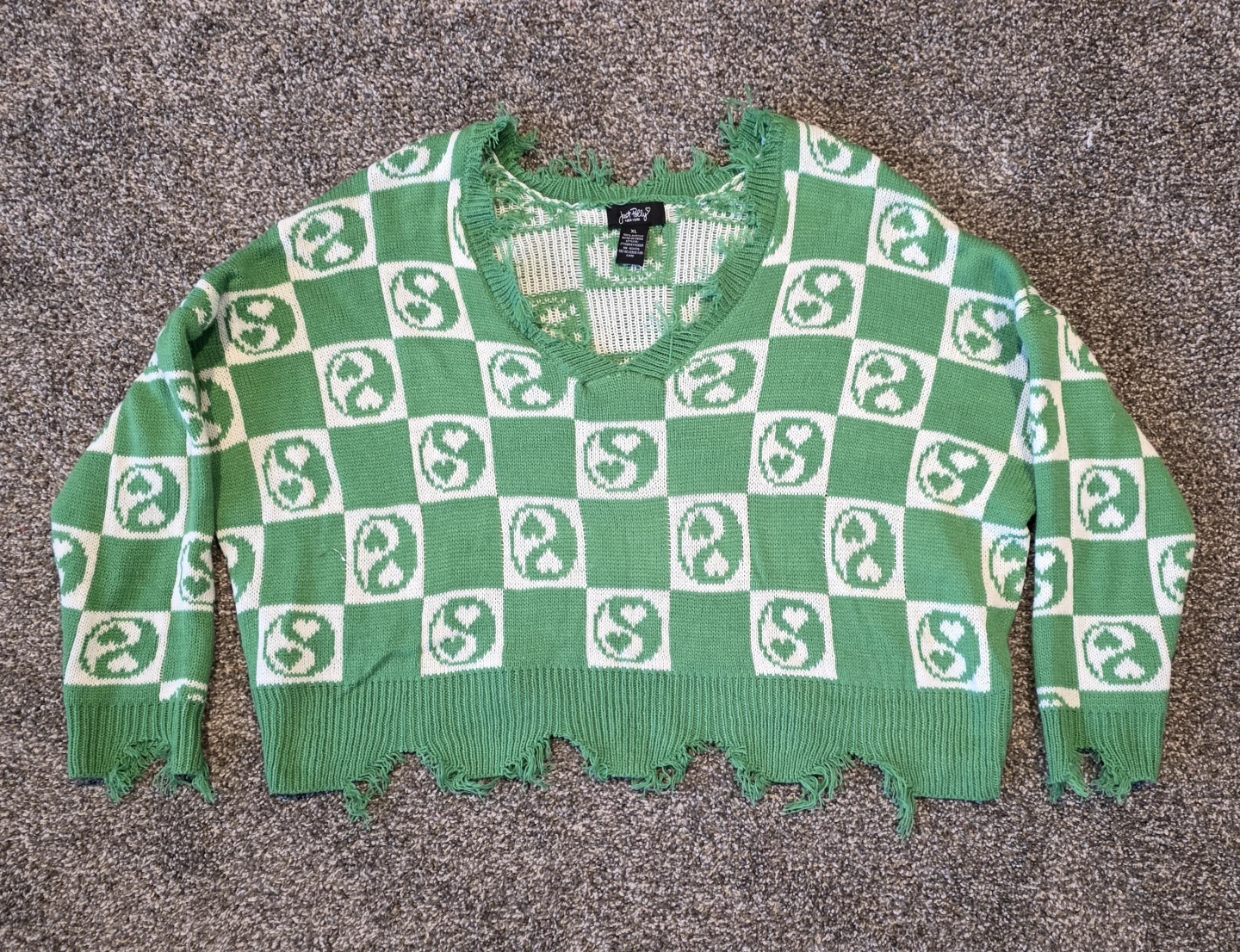 Just Polly New York Green & White Checkerboard Heart Sweater XL - photo 2