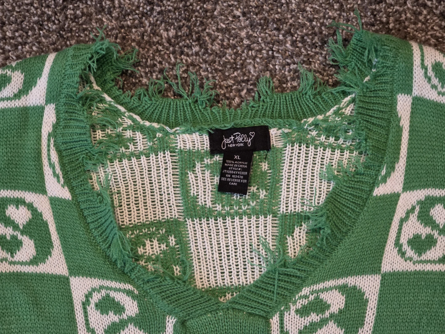 Just Polly New York Green & White Checkerboard Heart Sweater XL - photo 3
