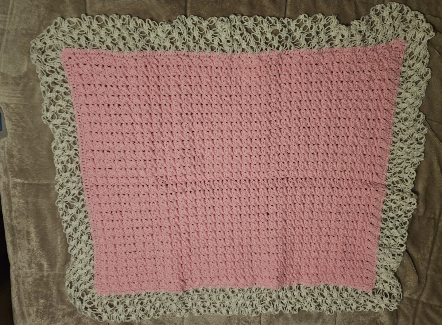 Crocheted Pink Blanket with Lace Trim