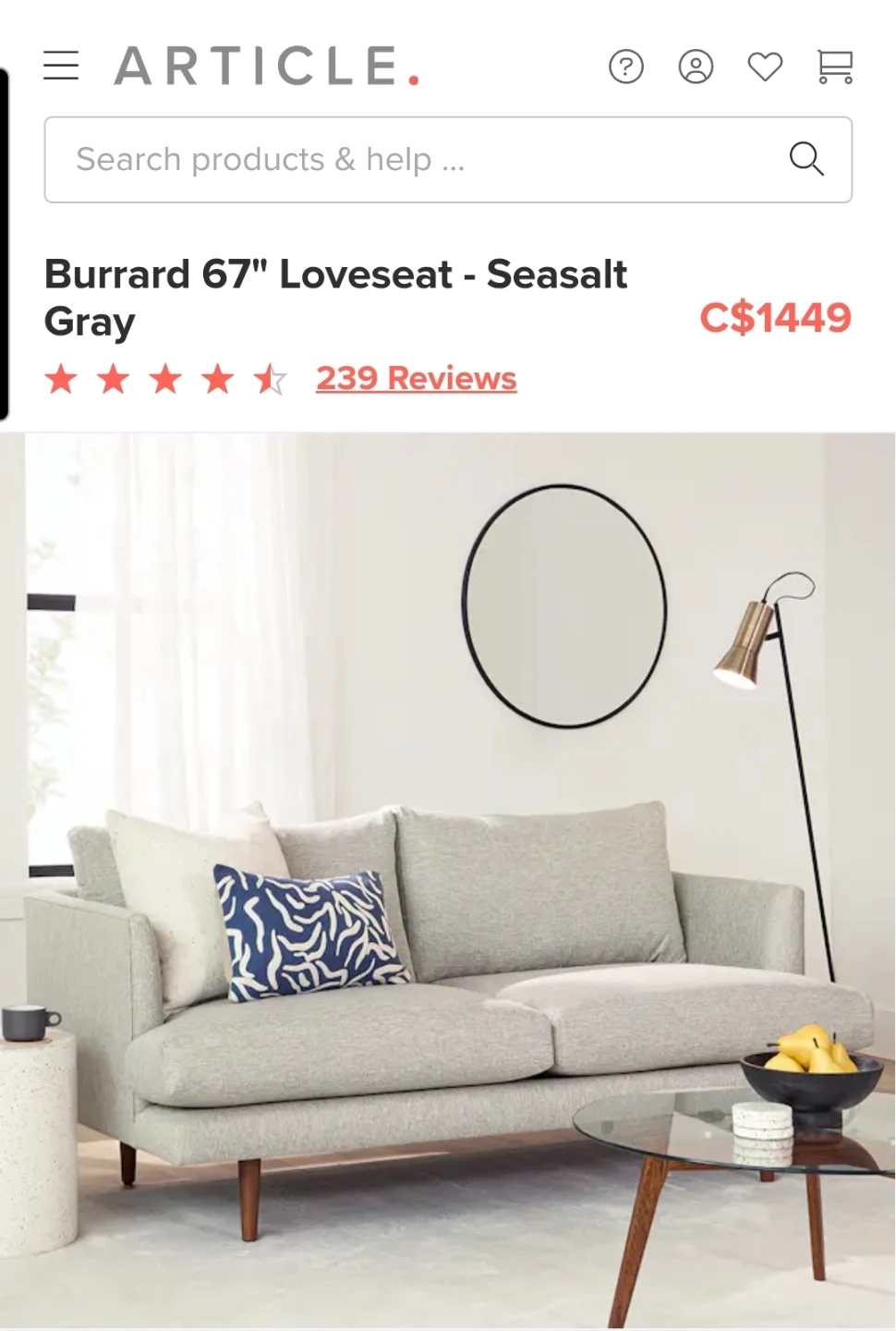 (Two) Article Burrard 67" Loveseat - Seasalt Gray