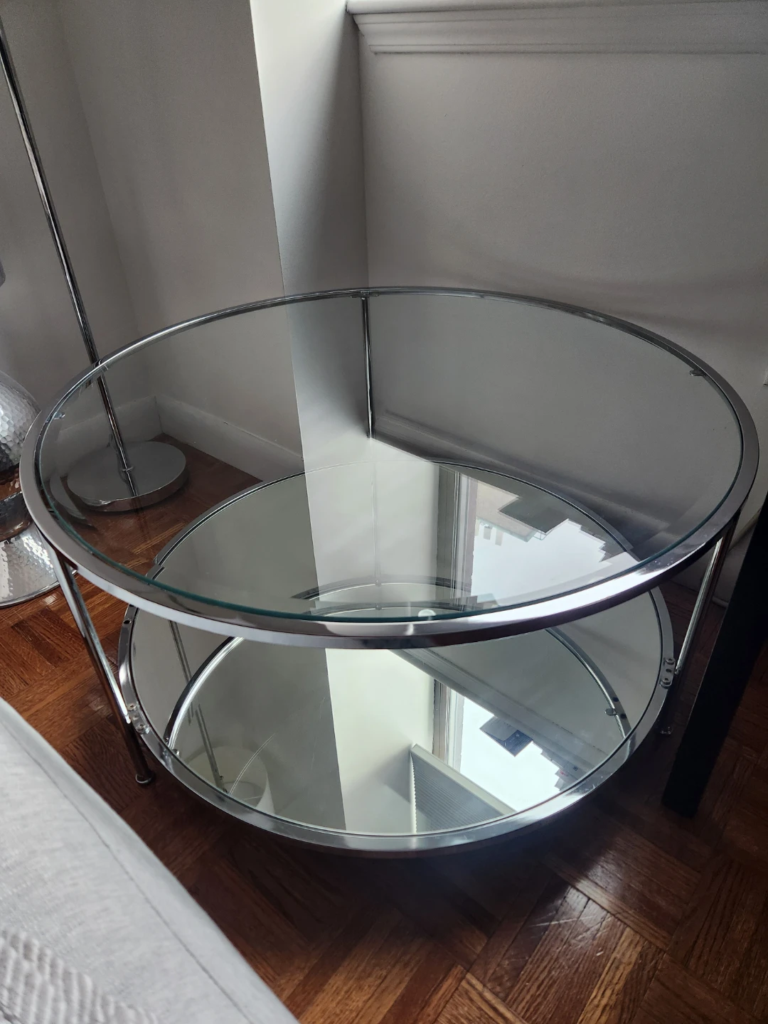 Round Glass & Chrome Coffee Table with Mirrored Shelf