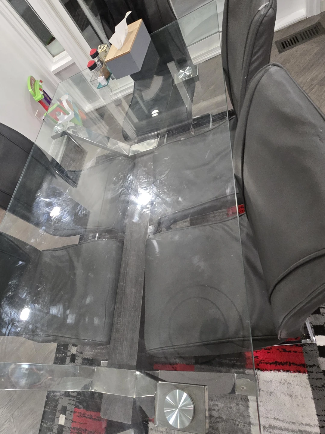 Modern Glass Top Dining Table and Grey Faux Leather Chairs - photo 2