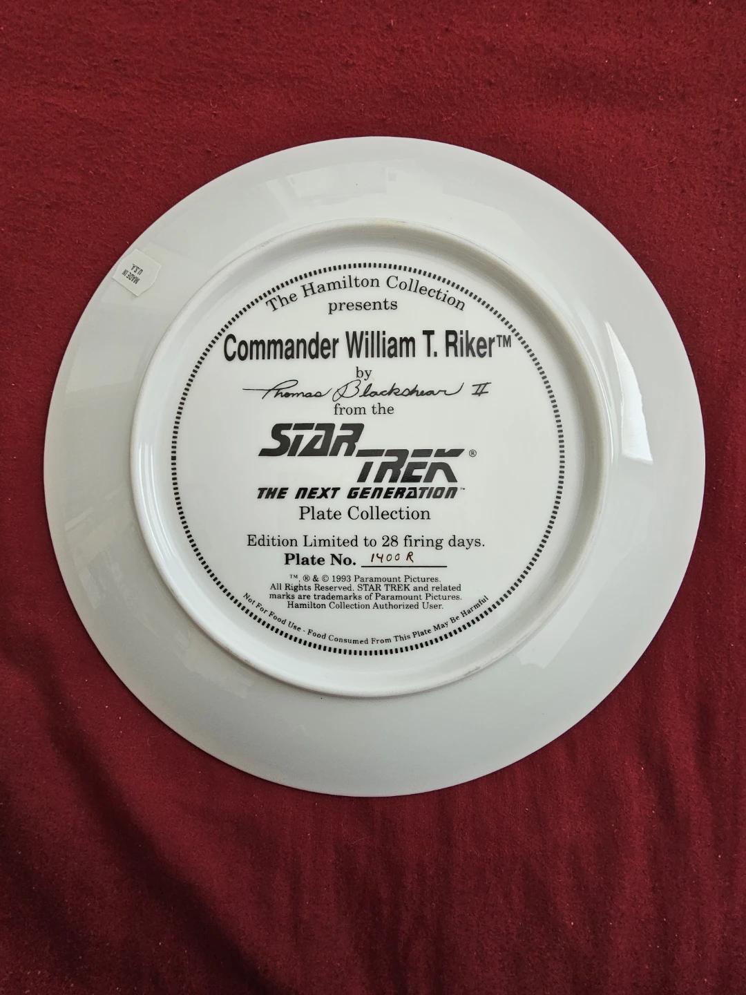 Star Trek Commander Riker Plate - Hamilton Collection - photo 3