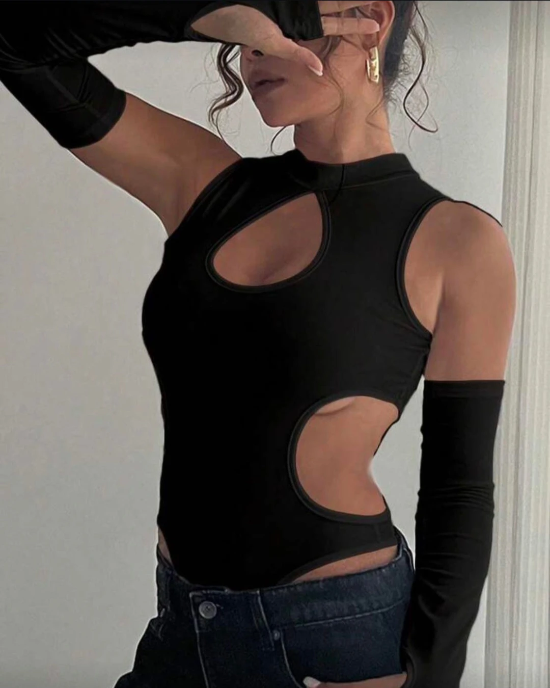 Black Cutout Bodysuit with Sleeves