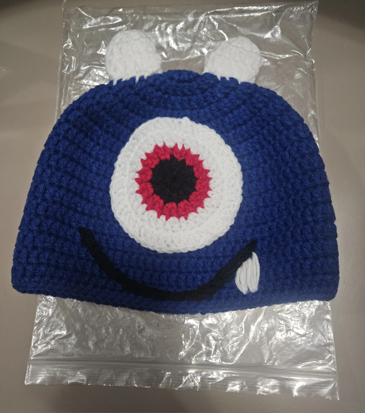 Blue Crocheted One-Eyed Monster Beanie Hat