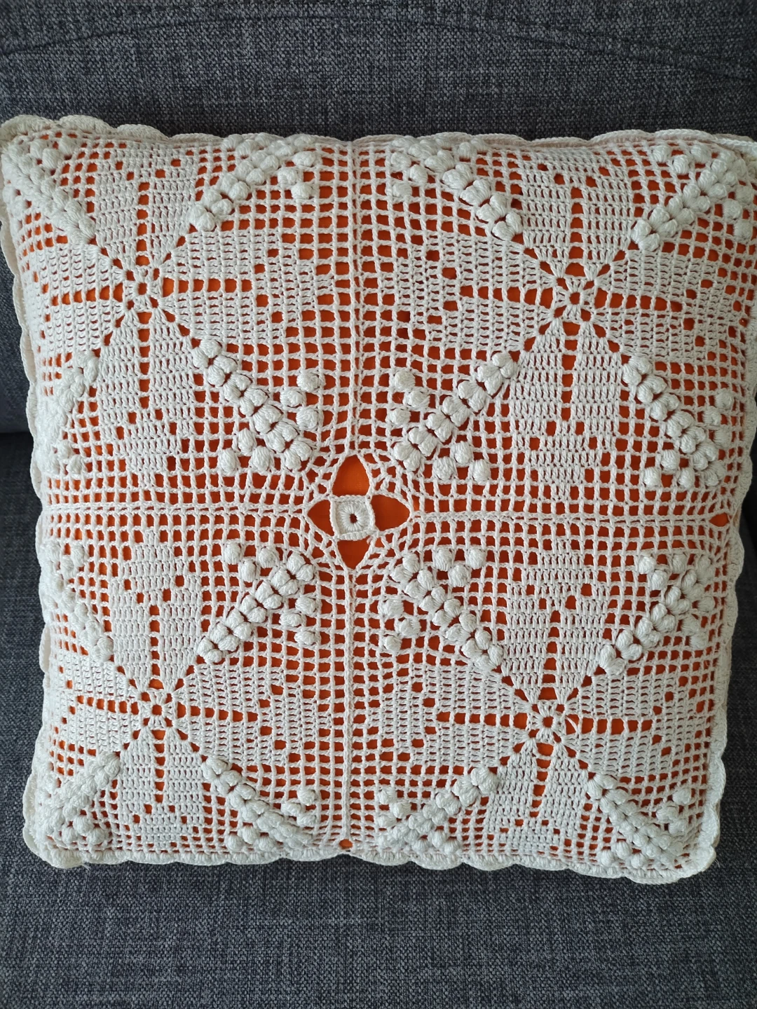 Off-White Handmade Crochet Square pillow with Orange Insert