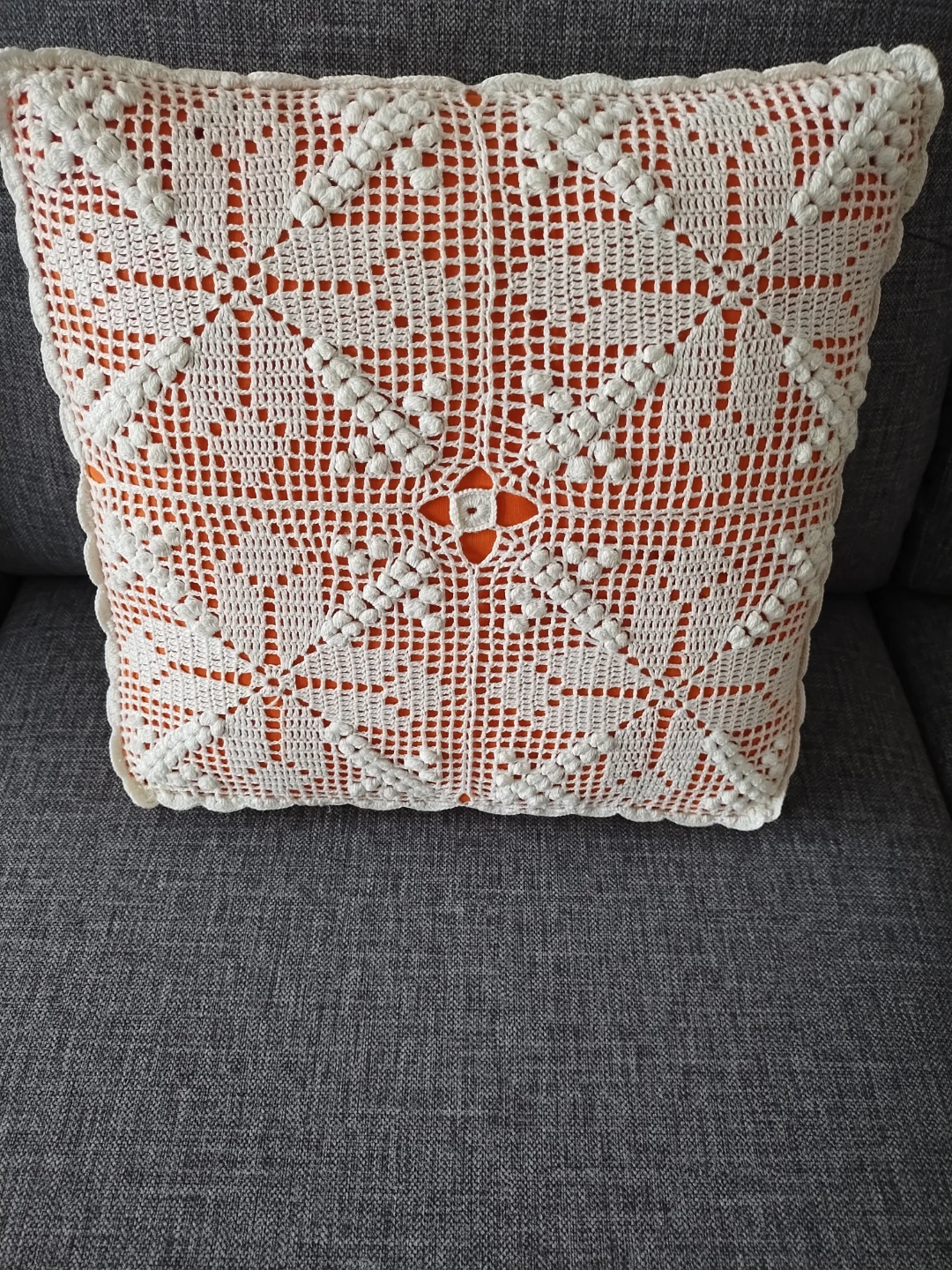 Off-White Handmade Crochet Square pillow with Orange Insert - photo 2