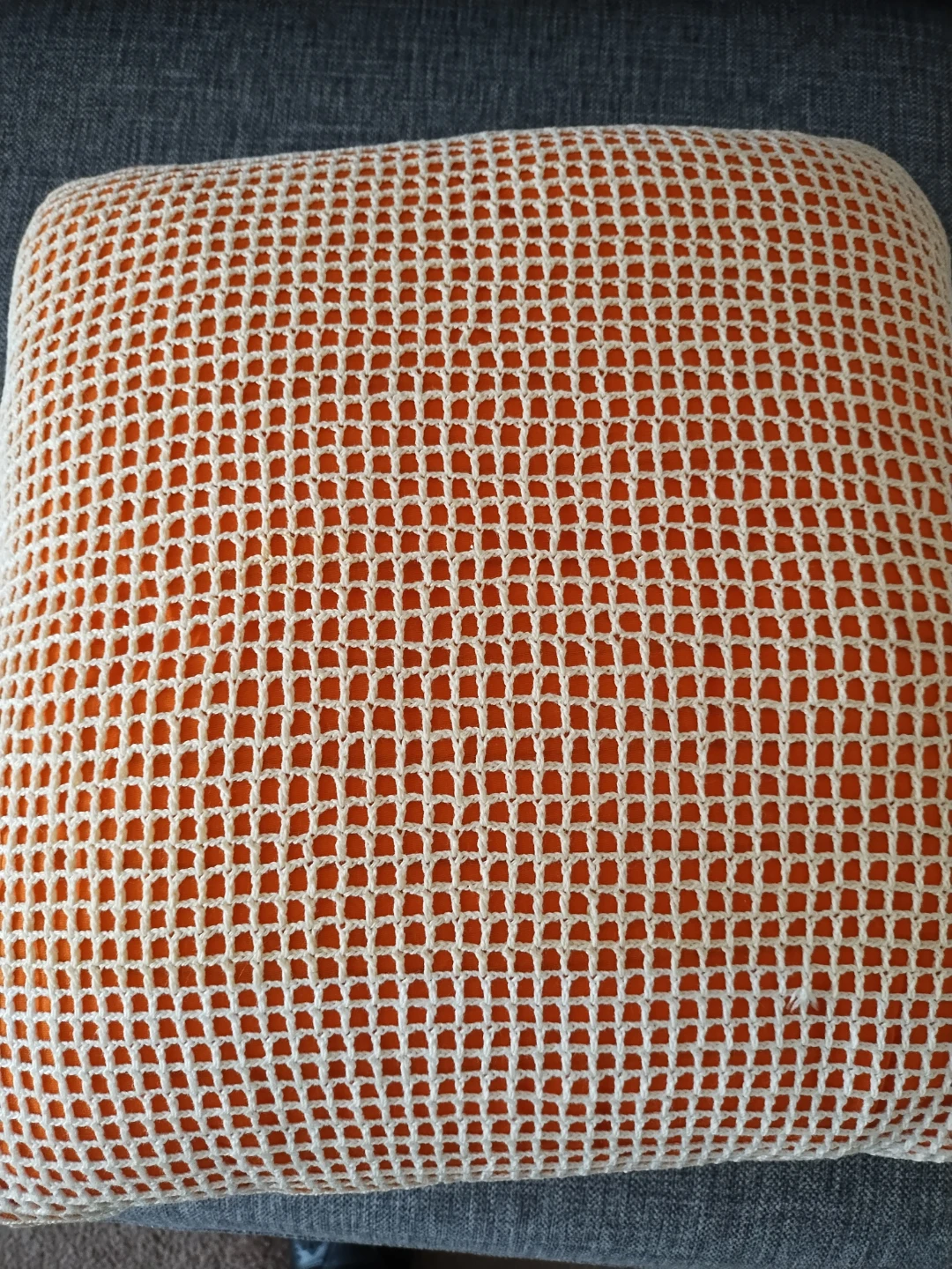 Off-White Handmade Crochet Square pillow with Orange Insert - photo 4