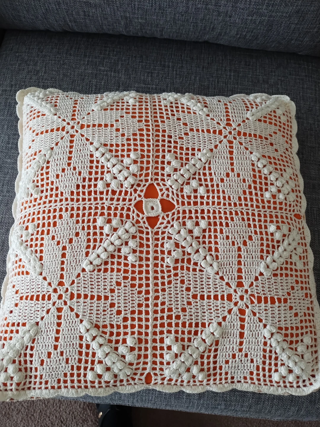 Off-White Handmade Crochet Square pillow with Orange Insert - photo 5