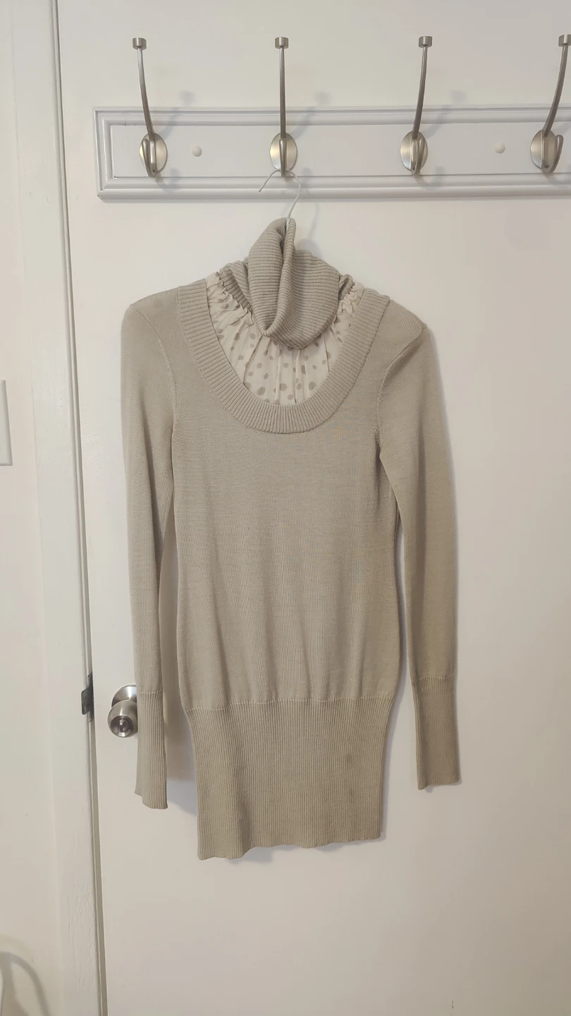 Women's Beige Knit Turtleneck Sweater with Polka Dot Detail
