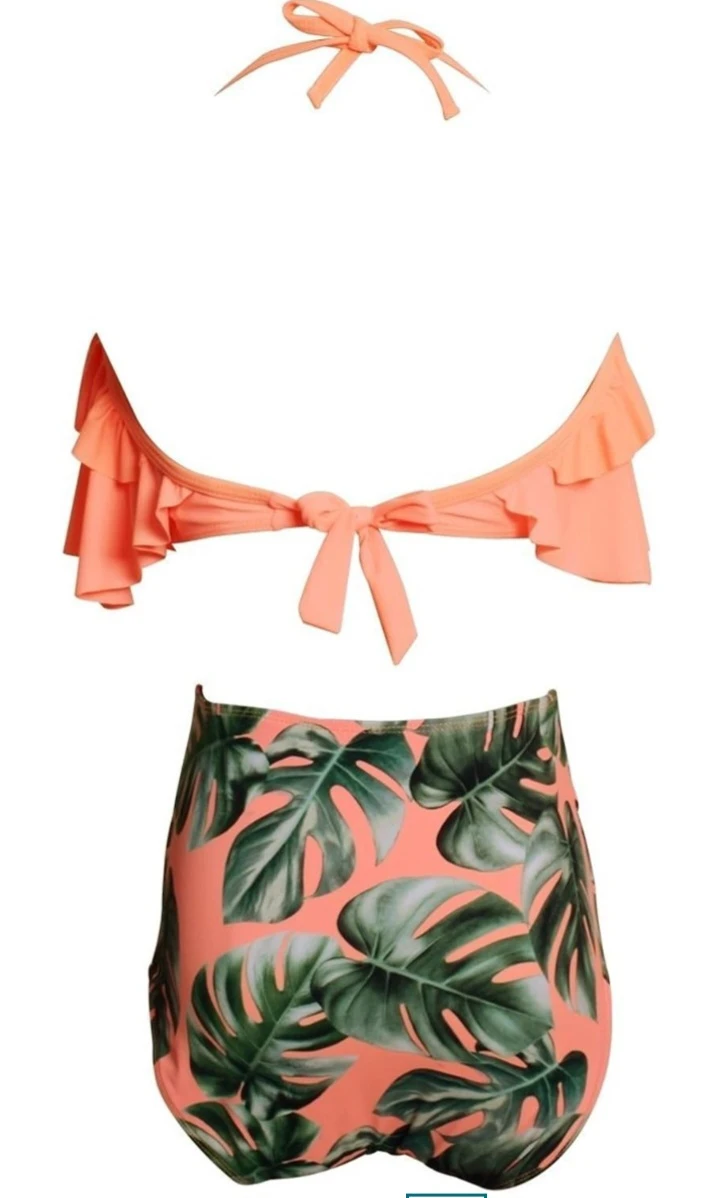 NEW!   Coral Ruffle High-Waisted Bikini with Leaf Print - photo 4