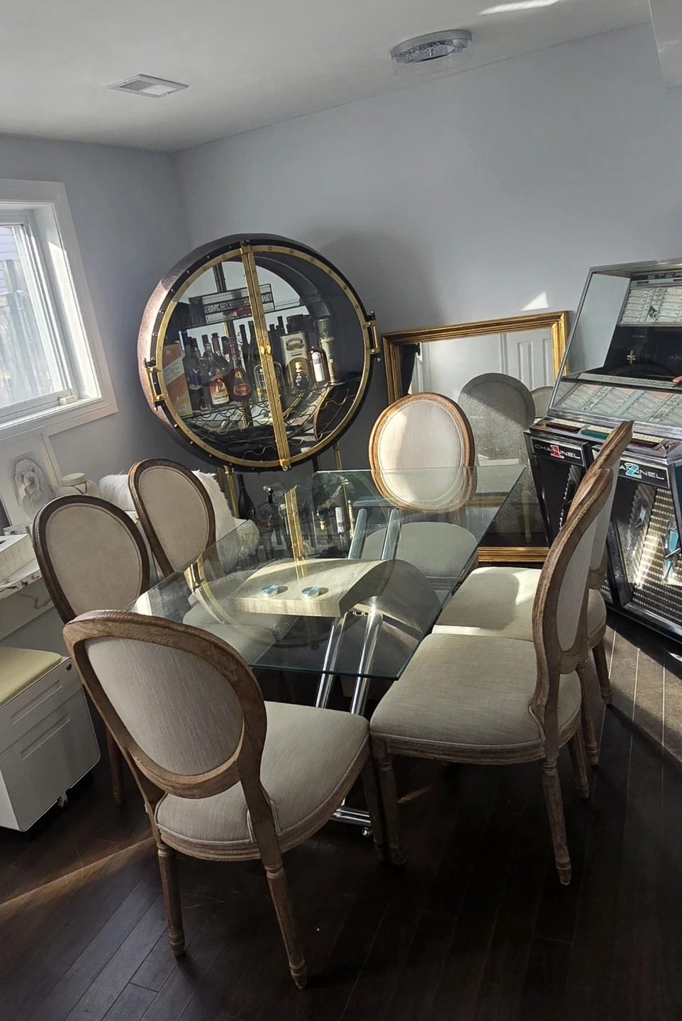 Glass Dining Table with 6 Restoration Hardware Chairs - photo 2